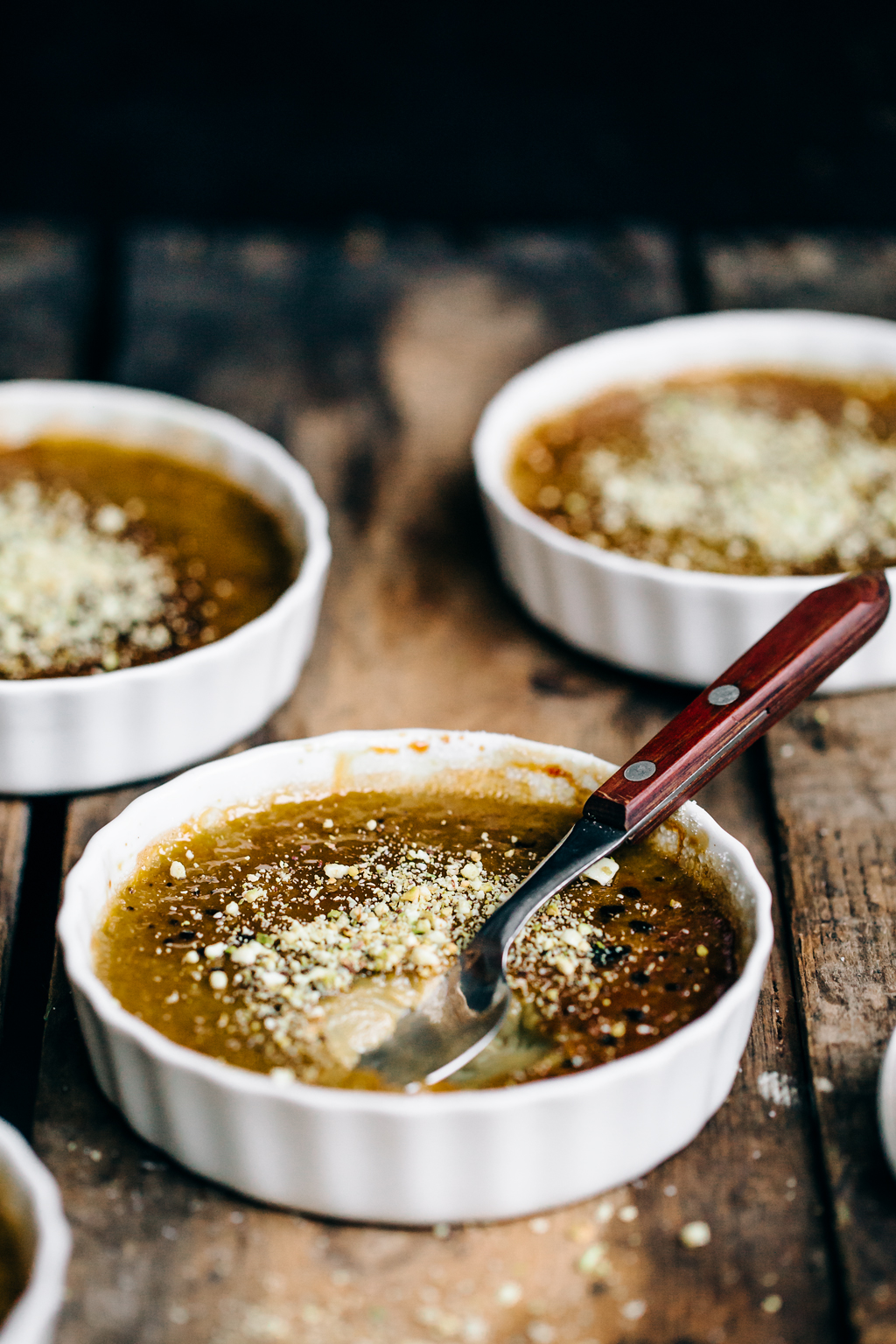 White Chocolate Matcha Crème Brûlée with Pistachio Crumble